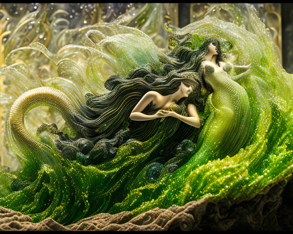 Ethereal women with wavy hair in mystical green mist.