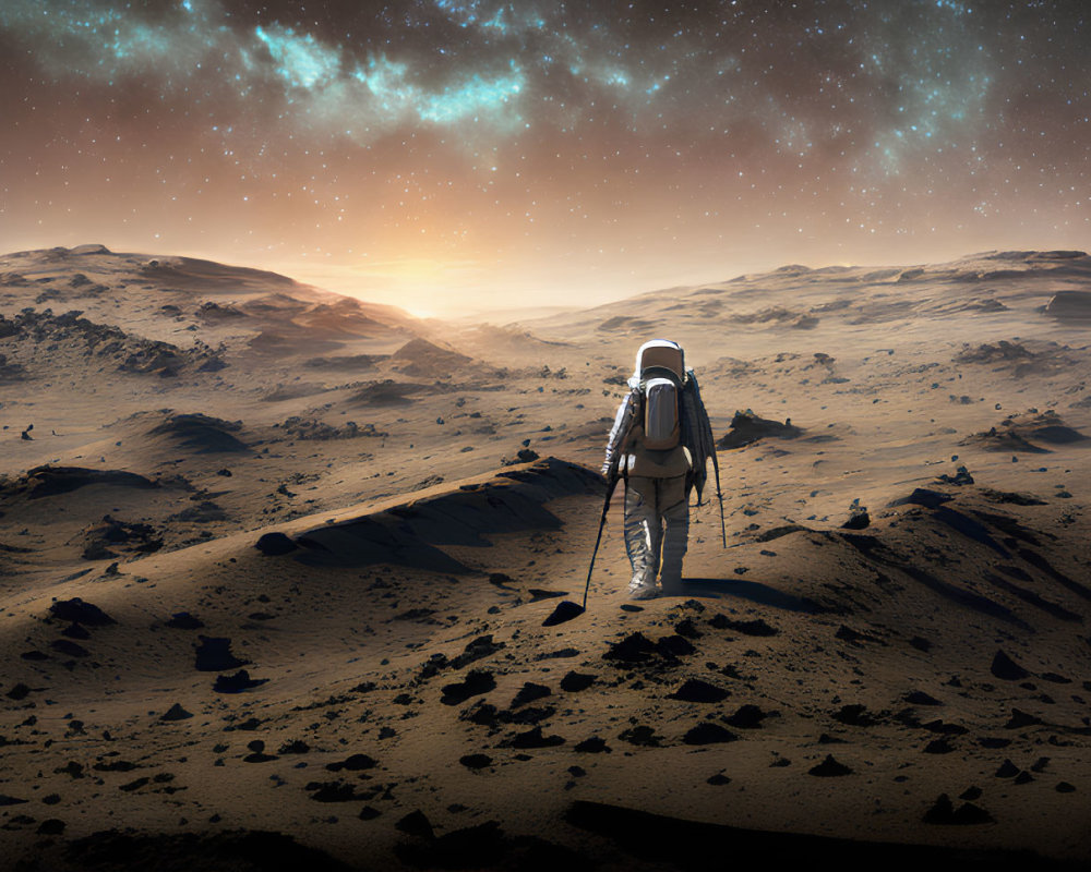 Astronaut on barren rocky landscape under starry sky.