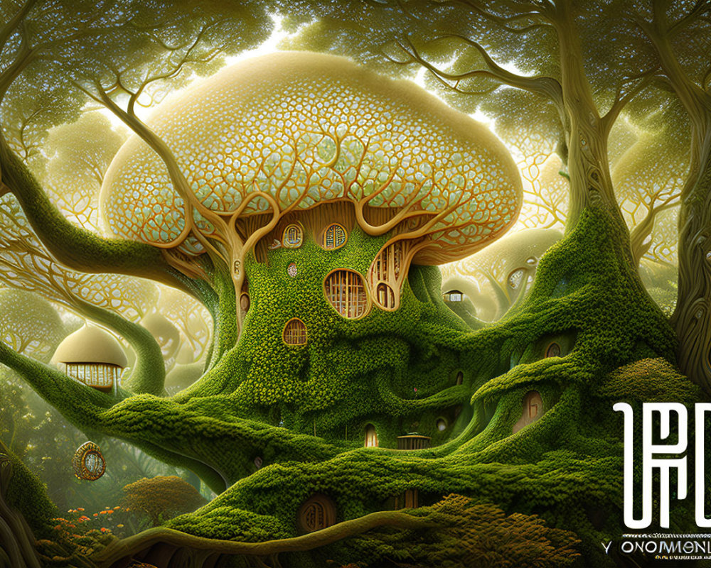 Enchanting forest scenery with mushroom-shaped treehouse