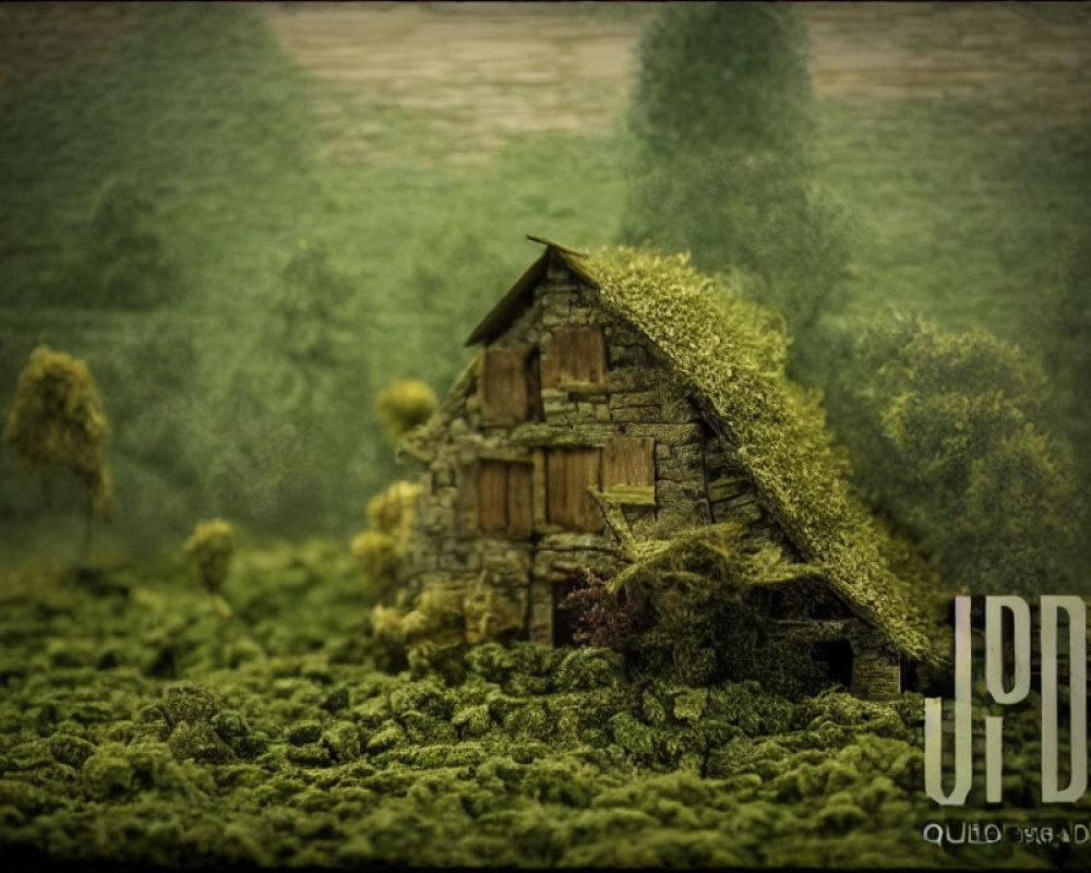 Moss-covered hut in misty green landscape