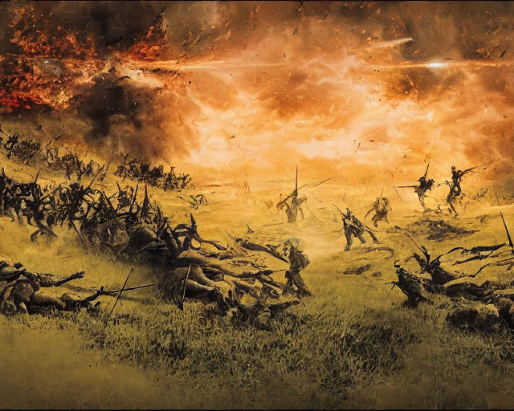 Soldiers in battle under fiery sky with explosions.