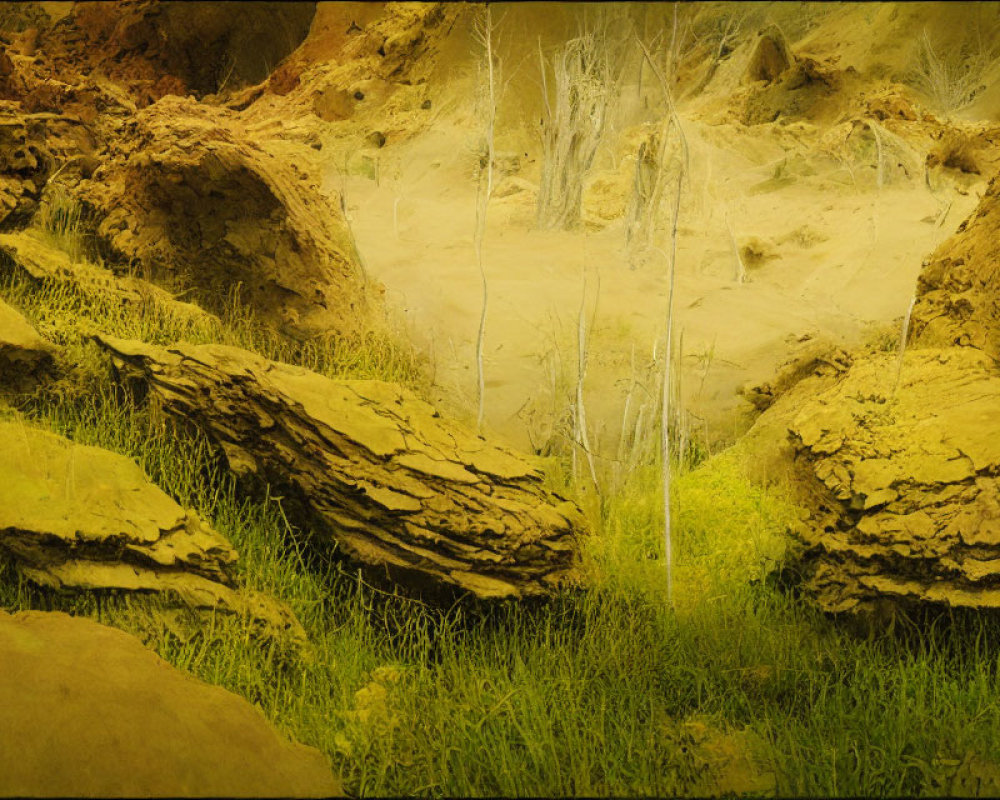 Sandy landscape with layered rocks, waterfall, and green filter