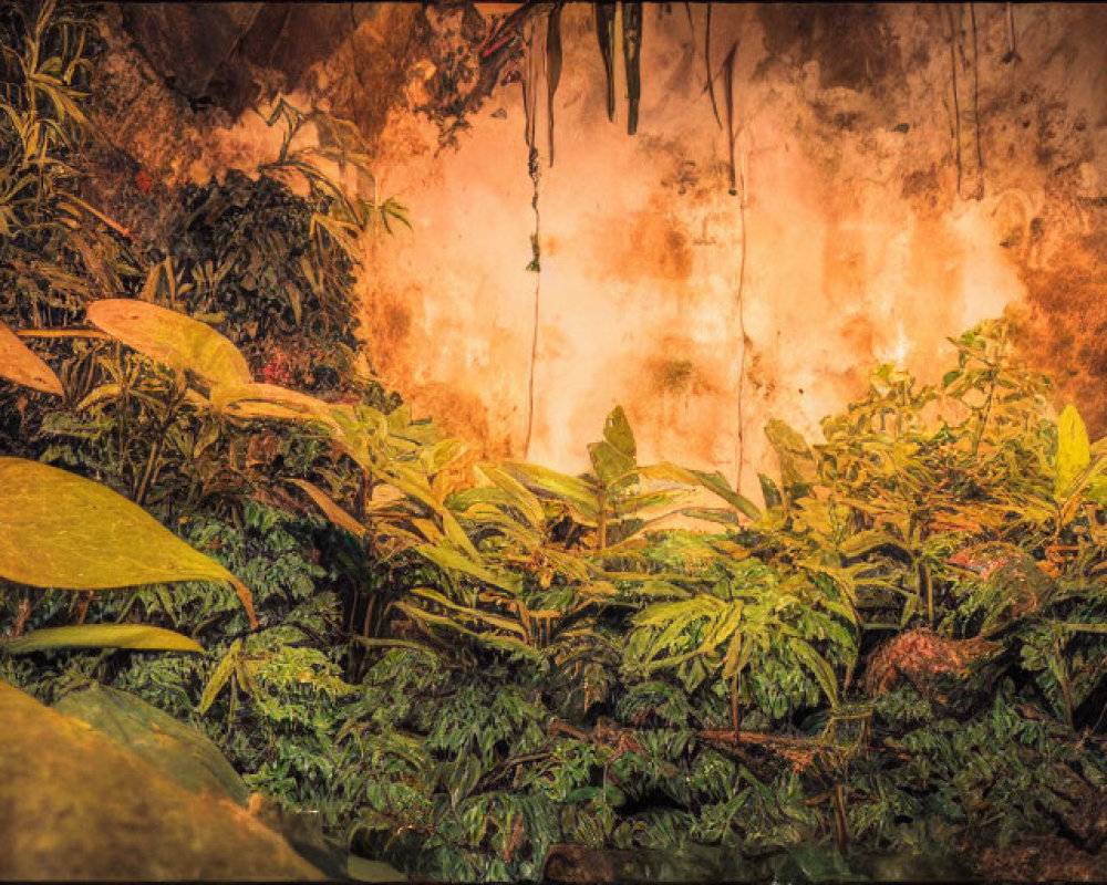 Greenery-filled scene against textured earthen wall with water stains