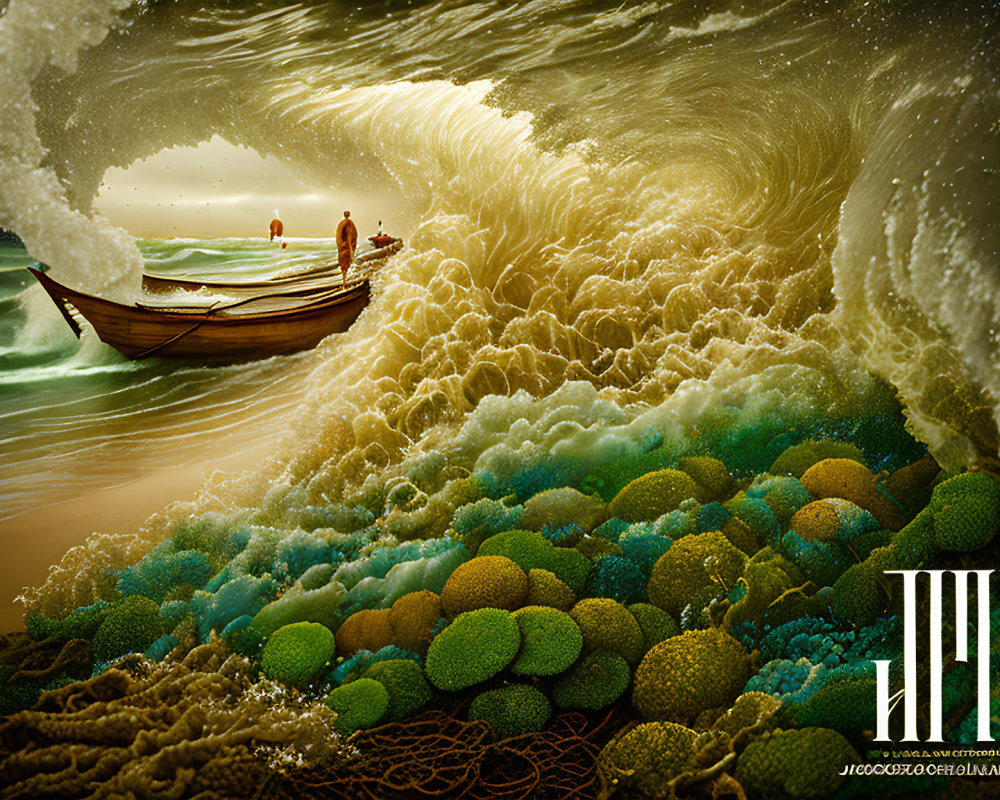 Surreal seascape with figures, boat, giant waves, and detailed underwater ecosystem.