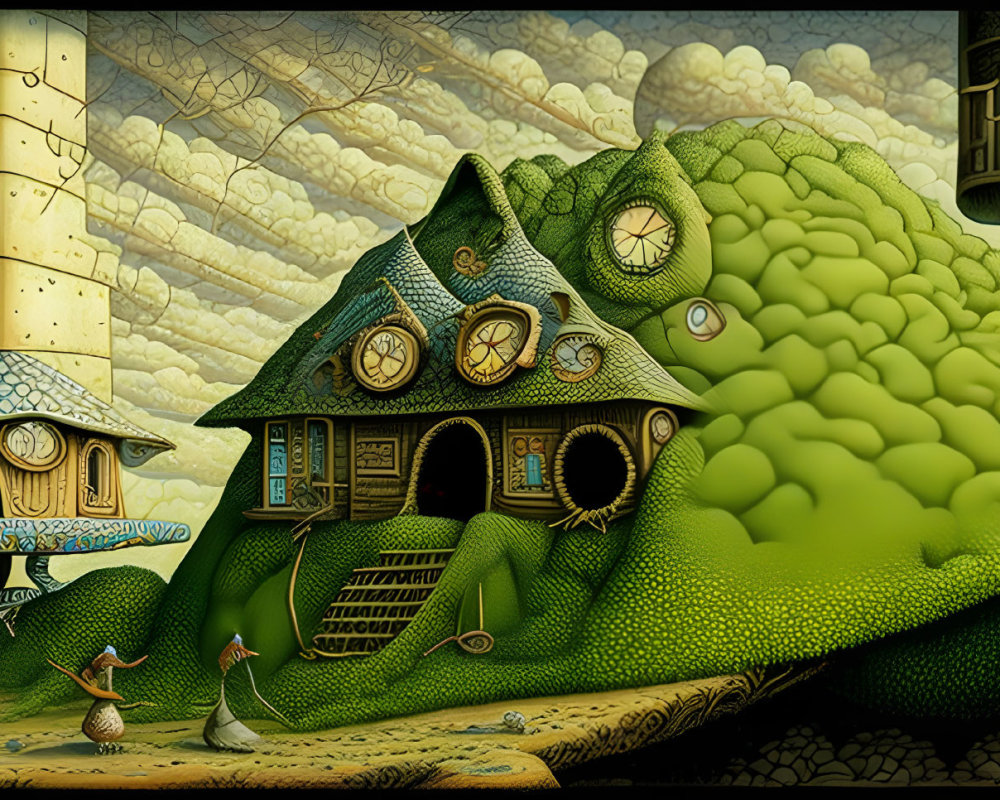 Clock-themed green house with bell tower, birdhouse, gears, and figures.