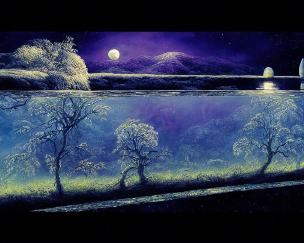 Mirrored lake in surreal night landscape with moonlit sky, trees, and cosmic mountains