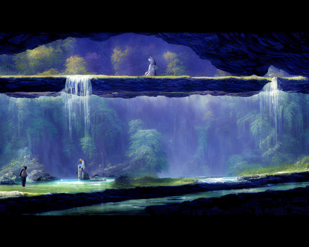 Ethereal figures in tranquil cavern with waterfall veil