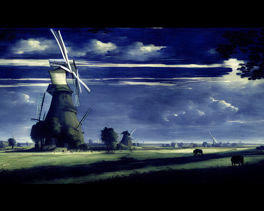 Nocturnal landscape painting with illuminated windmills, grazing animals, and dramatic sky