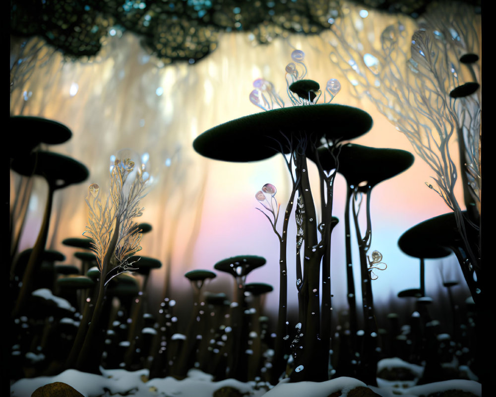 Fantastical forest scene with oversized mushrooms and ethereal plants under twilight sky