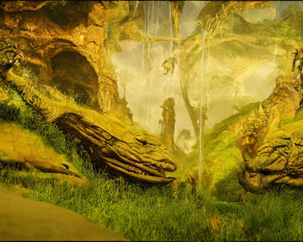 Detailed digital artwork: Two dragons in lush fantasy landscape