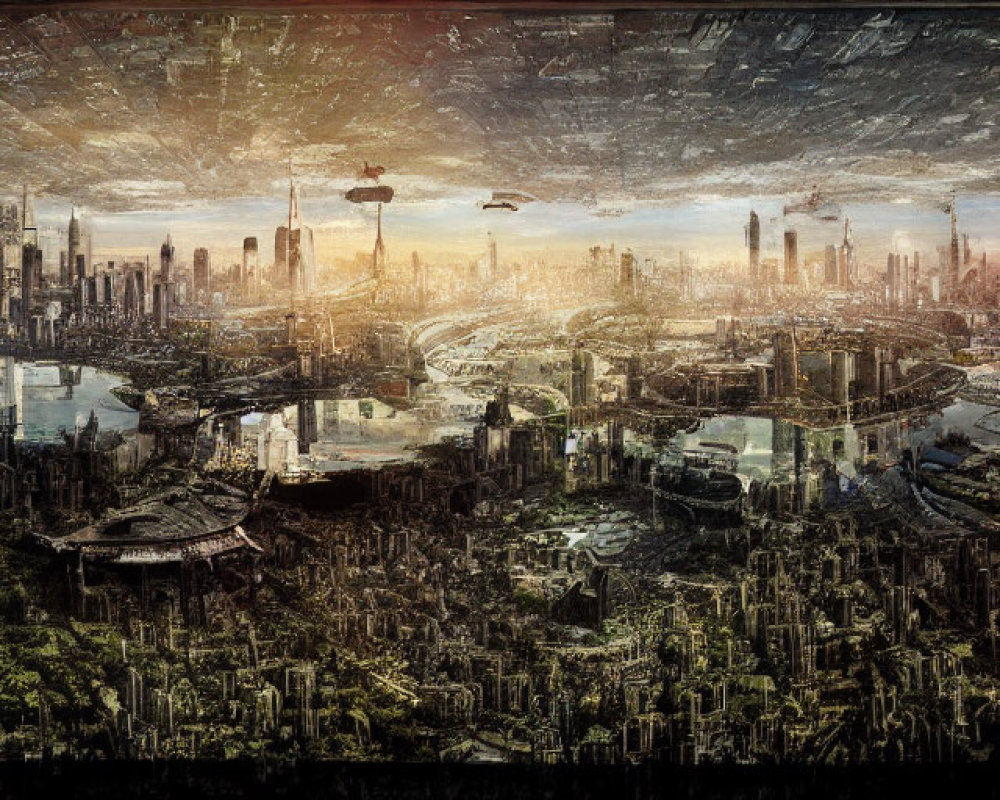 Dystopian cityscape with skyscrapers, flying vehicles, and sunlit horizon