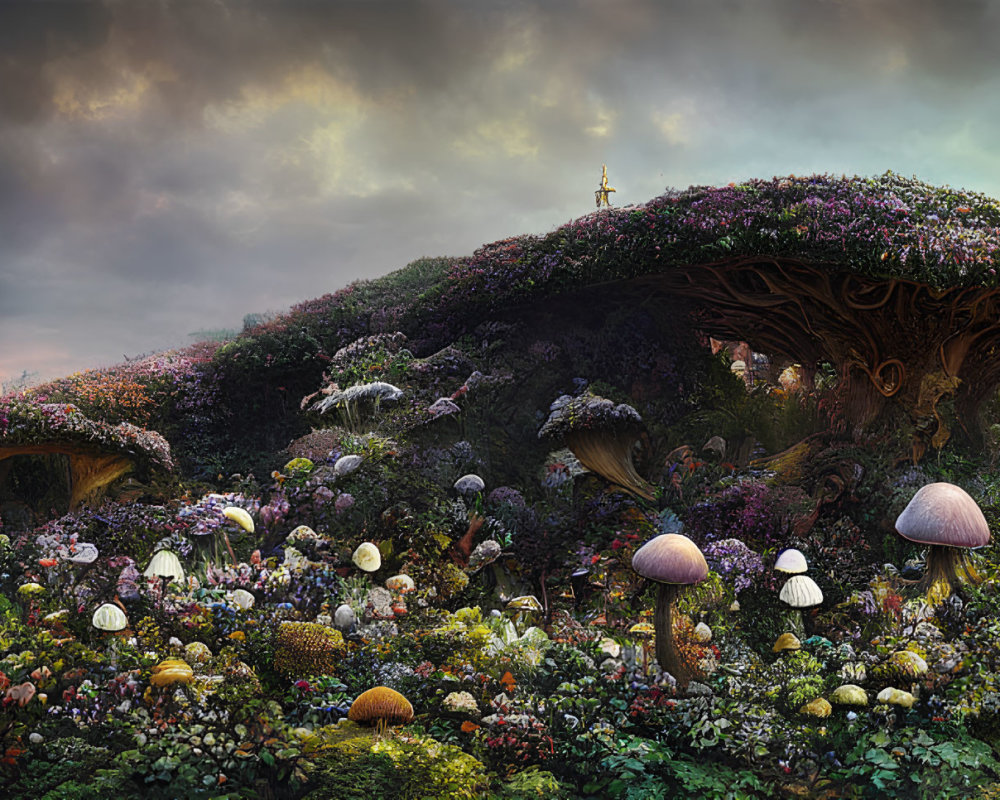 Fantasy landscape with oversized mushroom structures and colorful flora