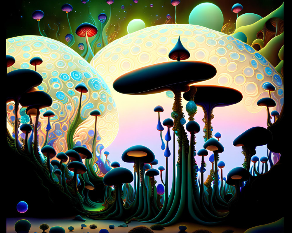 Colorful psychedelic artwork: surreal mushroom structures under night sky.