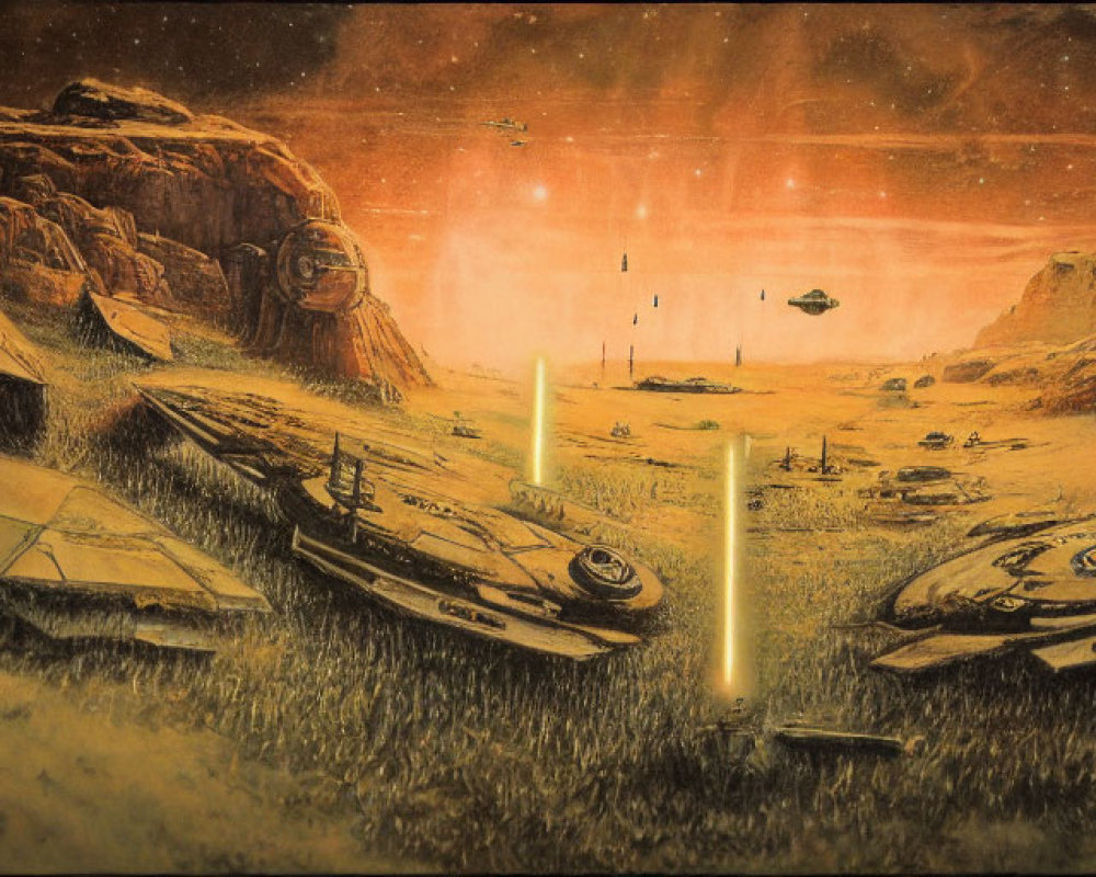 Sci-fi spacecrafts on rocky terrain under amber sky with light beam