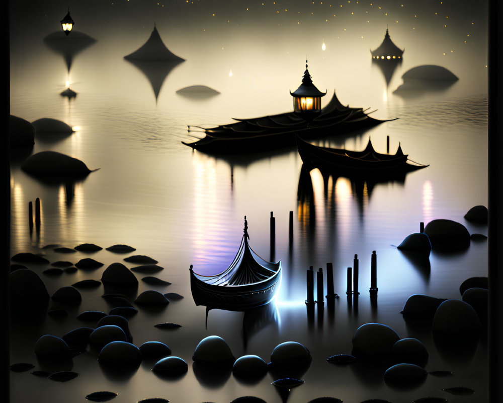 Ethereal nocturnal scene with floating lanterns over serene water