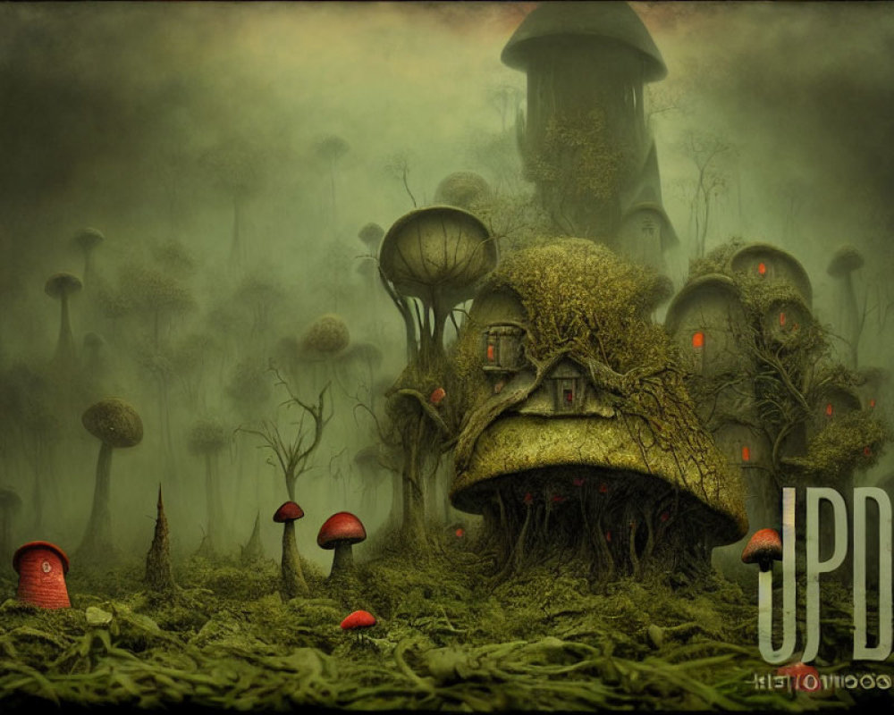 Surreal forest scene with oversized mushrooms and mushroom-shaped house in misty ambiance