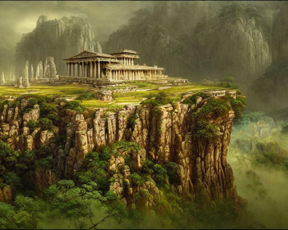 Ancient Greek temple on cliff with lush greenery and misty mountains in Greece