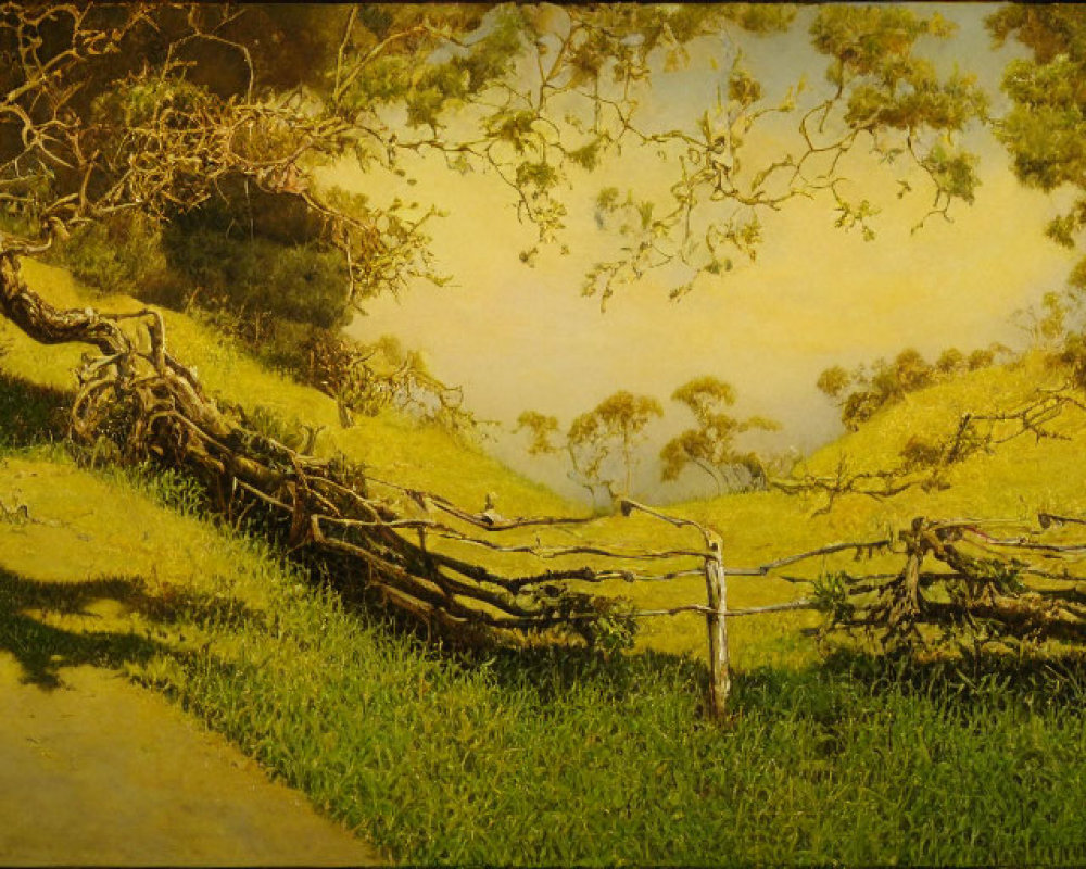 Tranquil pastoral scene with wooden fence and sprawling trees