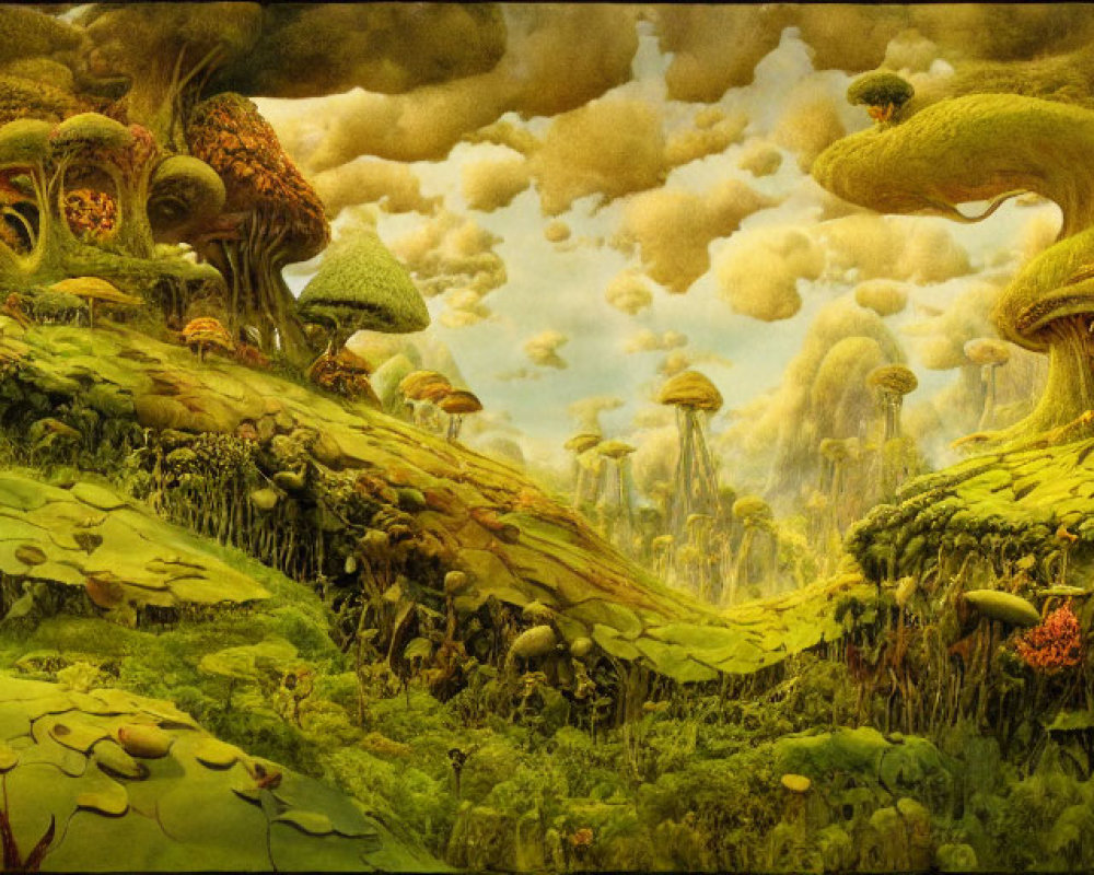 Surreal landscape with giant mushrooms, lush greenery, waterfall