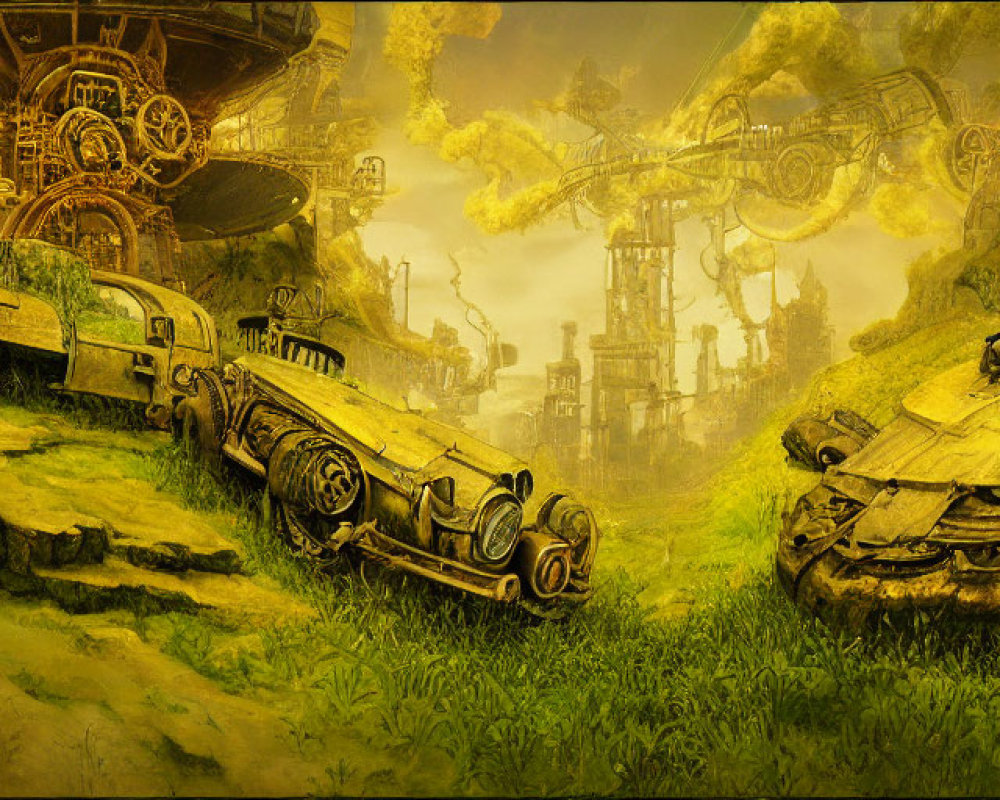 Derelict vehicles and industrial structures in dystopian landscape