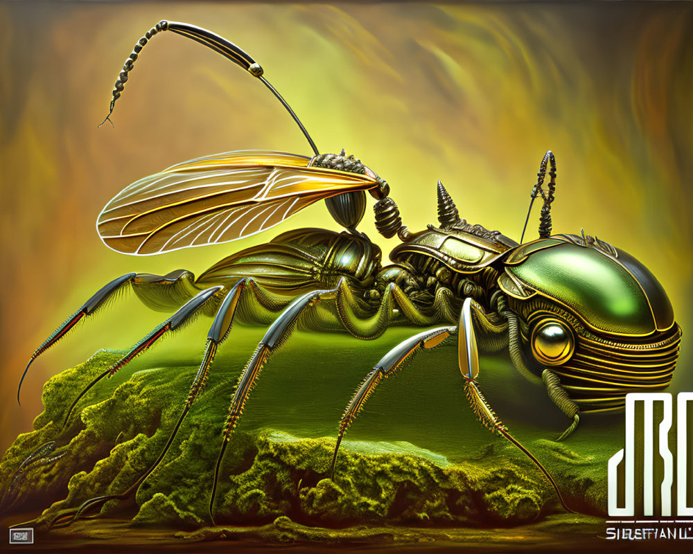 Detailed Stylized Mechanical Insect Art on Yellow-Green Background