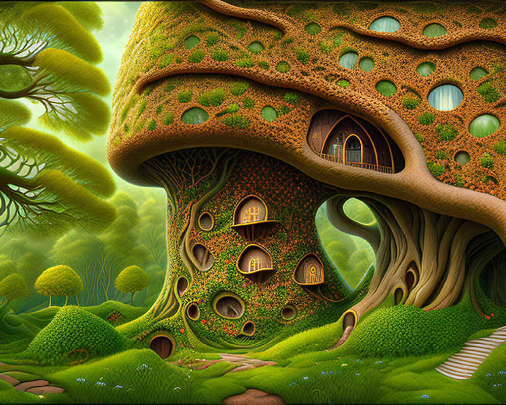 Fantastical green landscape with mushroom houses and vibrant trees