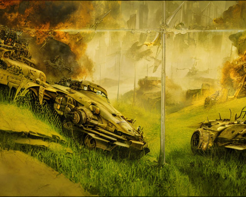 Futuristic Battle-Damaged Vehicles in Dystopian Landscape