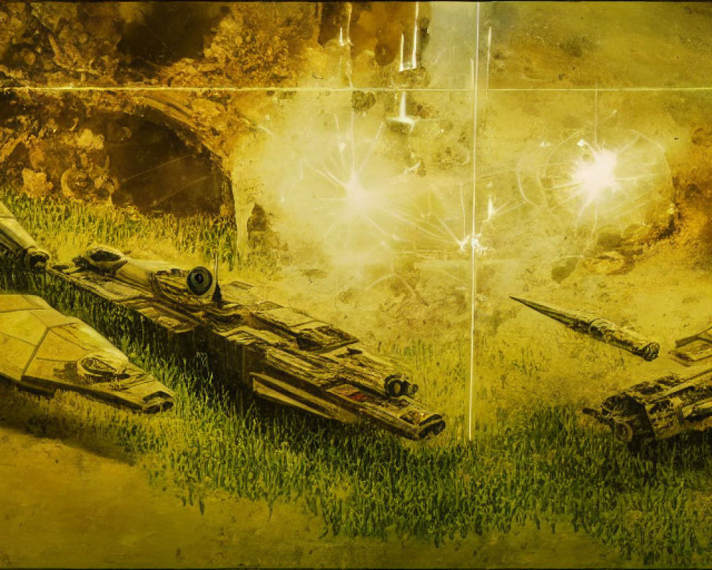 Digital artwork: Three battle tanks firing lasers in war ruins, gritty yellow-toned scene with signature.