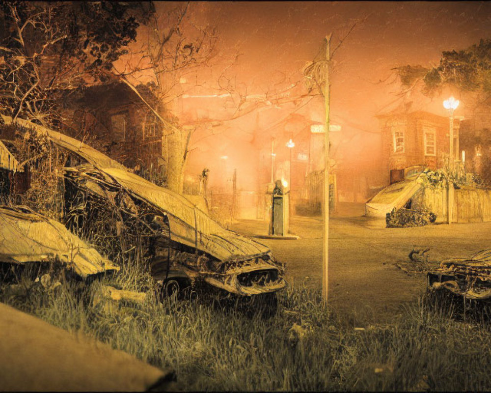 Desolate post-apocalyptic landscape with rusted cars, eerie sky, and decaying buildings.