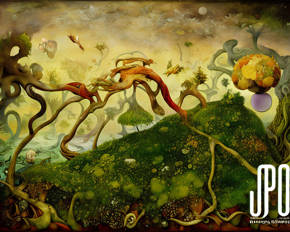 Surreal landscape with twisted trees and floating islands