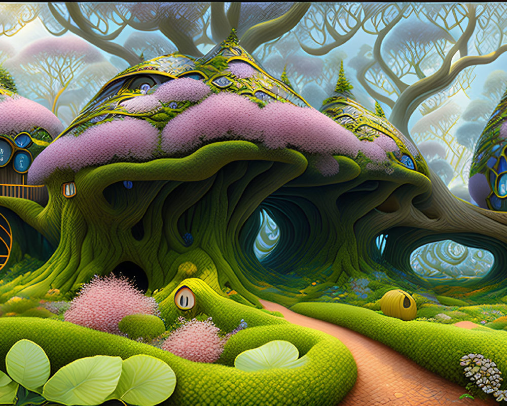 Whimsical forest scene with mushroom-shaped houses and vibrant flora