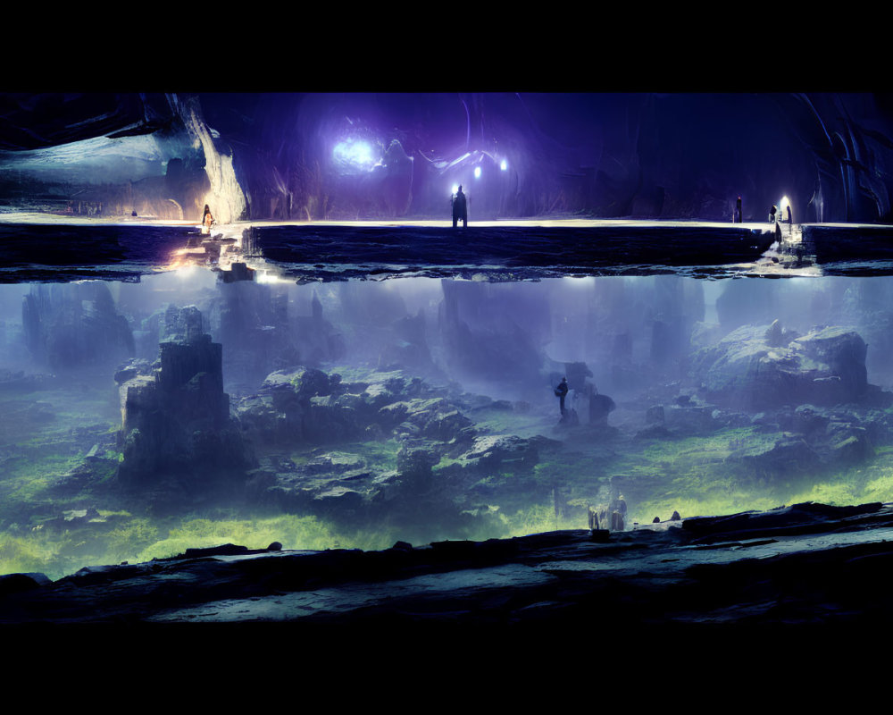 Subterranean landscape with luminescent flora, towering rocks, reflective water, and figures near glowing