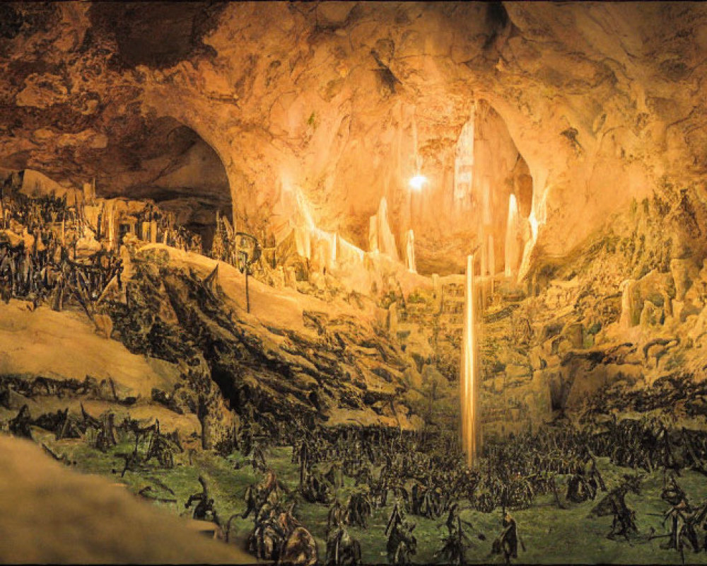 Spacious cavern with stalactites, stalagmites, central light, and numerous figures