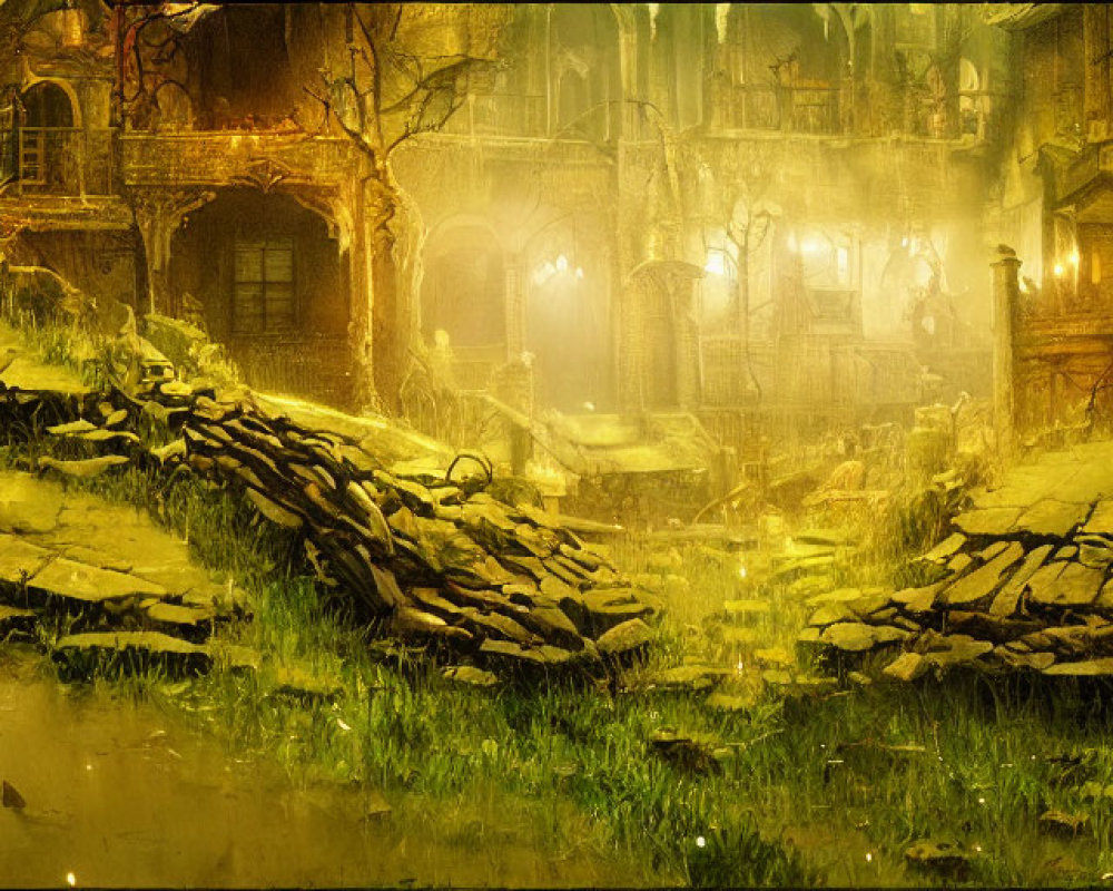 Mystical, dilapidated city in golden light with overgrown foliage