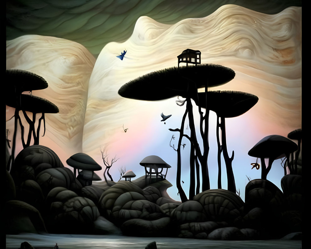 Fantastical landscape with oversized mushrooms, calm lake, person, birds, gazebo, twilight sky