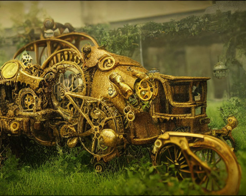 Steampunk-themed motorcycle with intricate gears on blurred green background