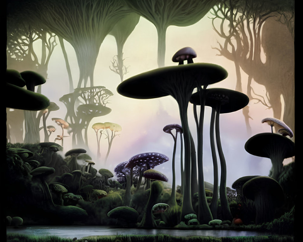 Mystical forest scene: oversized mushroom-like trees in misty twilight