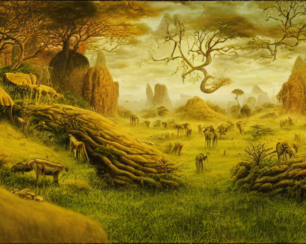 Prehistoric landscape with grazing herd animals and rocky outcrops