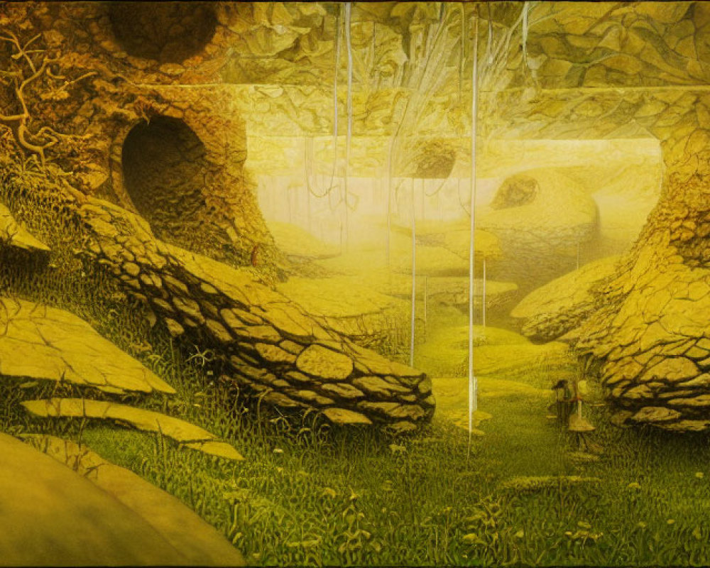 Fantastical landscape with cloaked character and mysterious golden structure