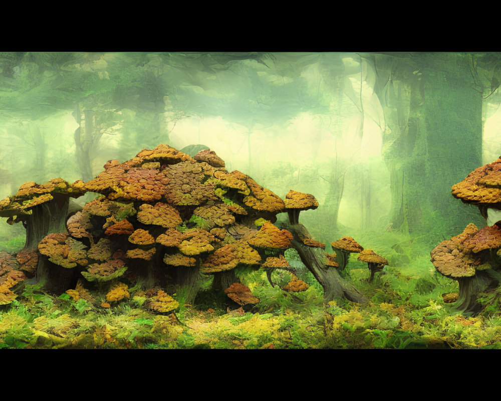 Enchanting forest with oversized mushrooms and mystical green ambiance