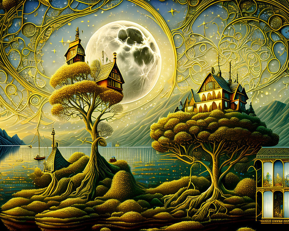 Fantasy scene with ornate treehouses under a full moon and starry sky in an art nouveau