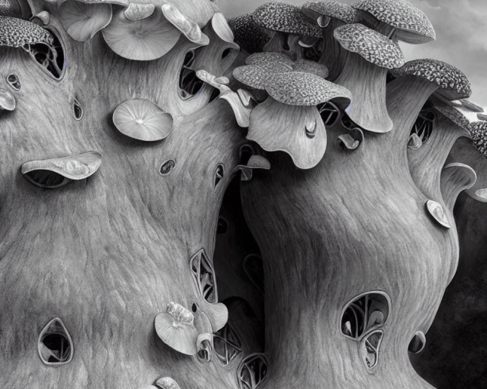 Monochrome surreal image: tree-like forms with mushroom caps and eyes under cloudy sky