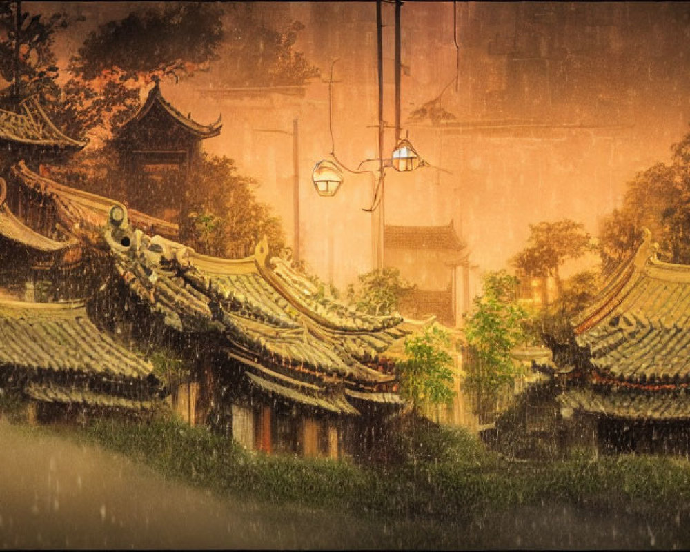 Traditional East Asian village in rain with ornate rooftops and glowing lantern.