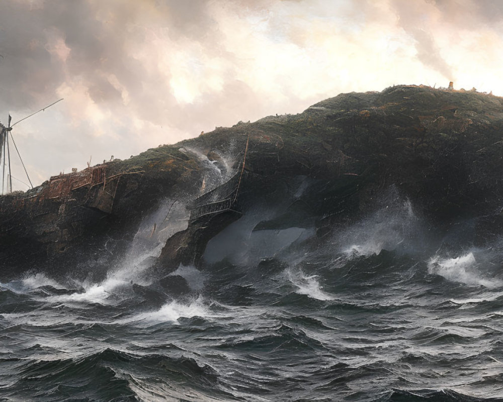 Sailing ship in turbulent waves near rugged island with people on cliff edge