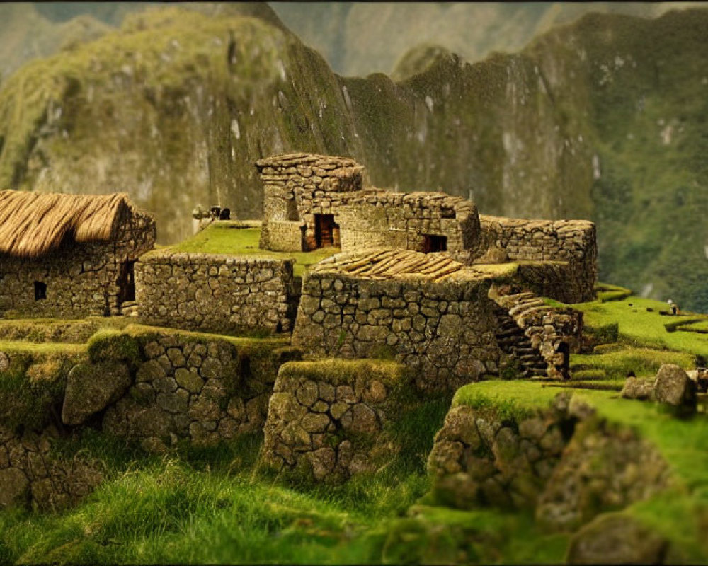 Ancient stone ruins with thatched roofs in green hills and mountain backdrop.