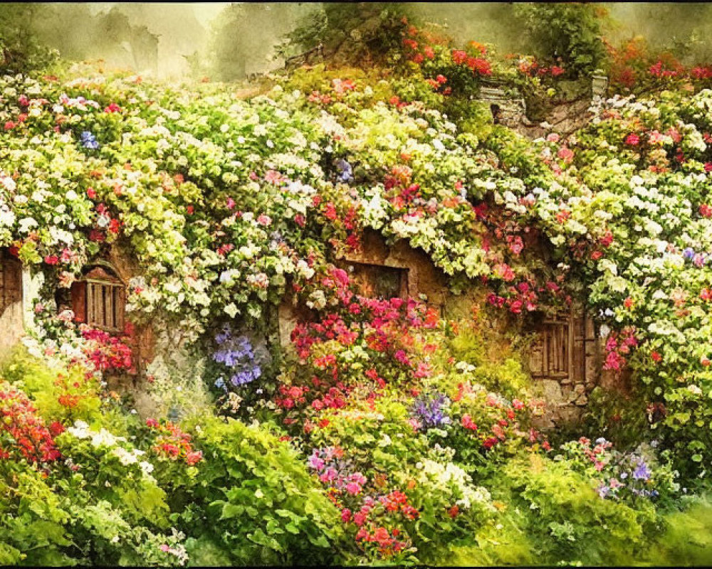 Charming cottage surrounded by colorful flowers and lush greenery