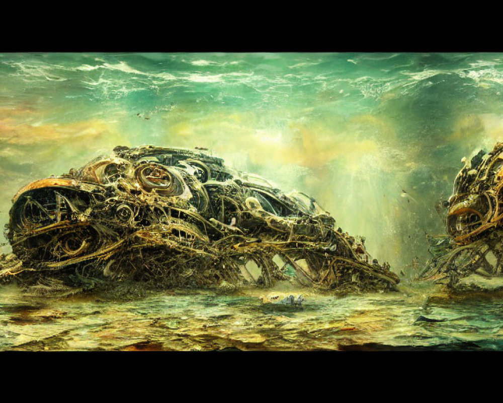 Digital artwork: Decaying mechanical insect structures in futuristic seascape