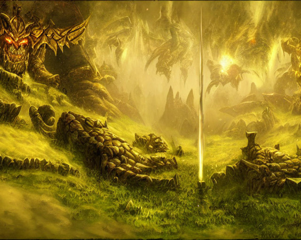 Fantasy landscape with dragons, warriors, dramatic lighting, earthy colors