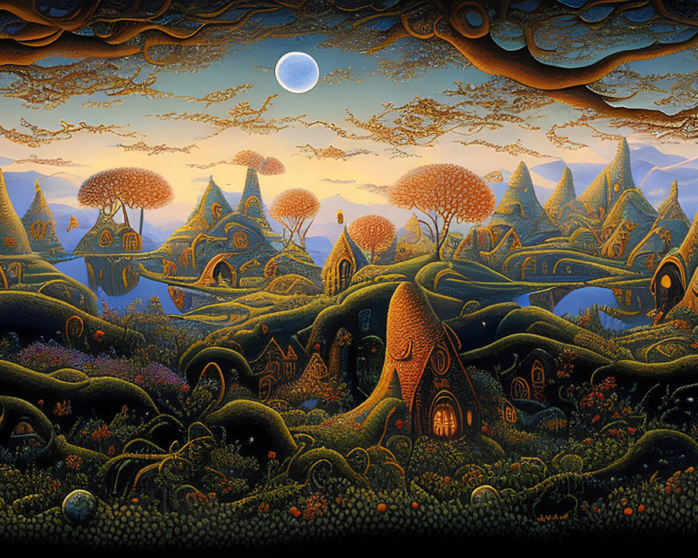 Whimsical landscape with magical trees under starry sky