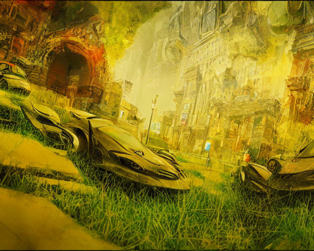 Futuristic cars in dystopian city with overgrown grass and classical architecture.